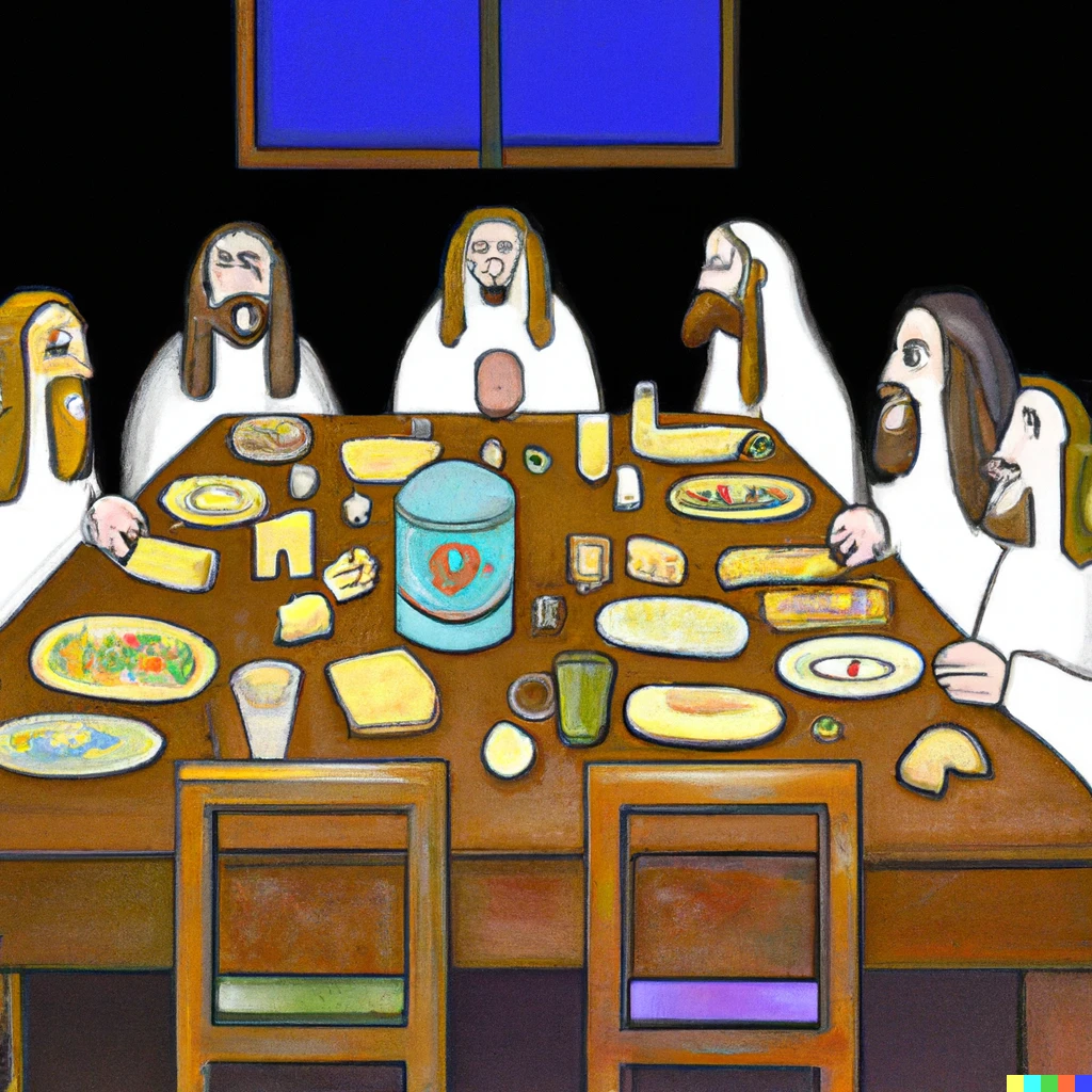Prompt: The last supper (cheesy AI generated art)