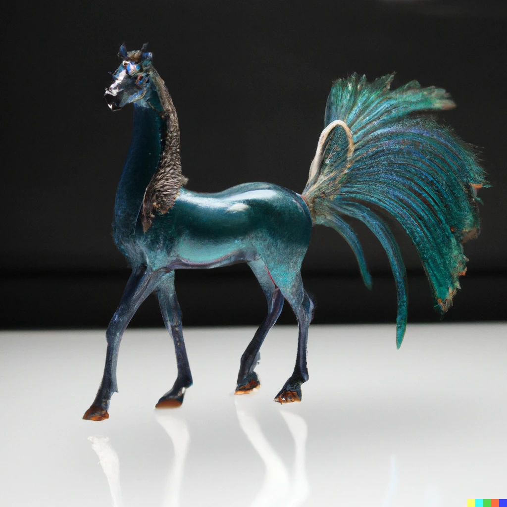 Prompt: Product photo of a breyer horse model of a beautiful peacock