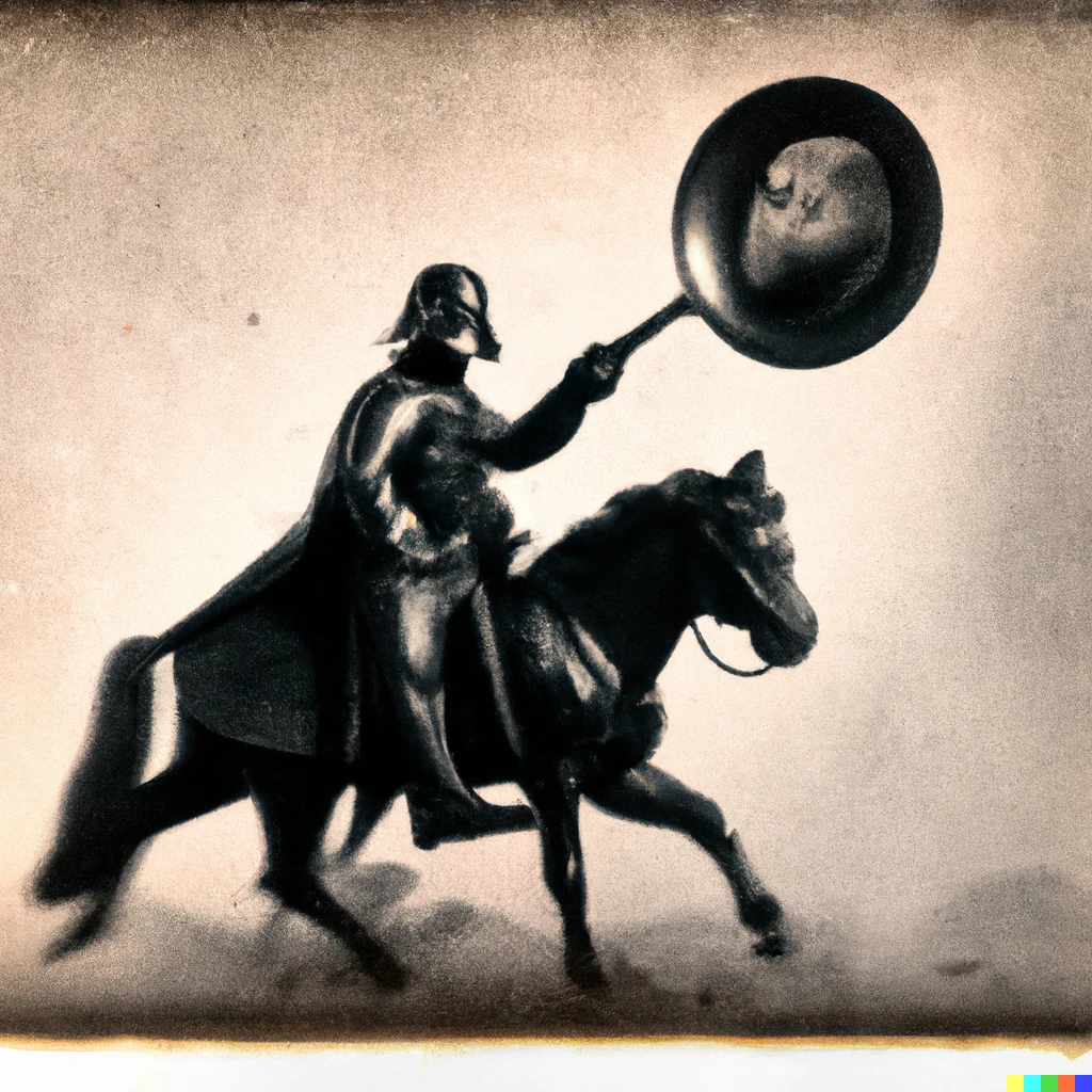 Prompt: A daguerreotype of Darth Vader riding a horse with a frying pan in his hand.