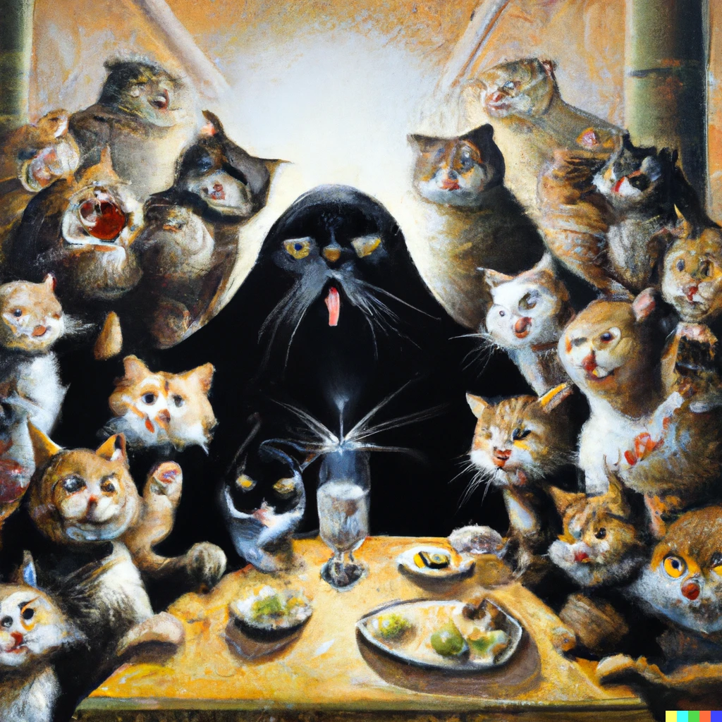 Prompt: Darth Vader and the 12 cats, the Last Supper (oil on canvas)