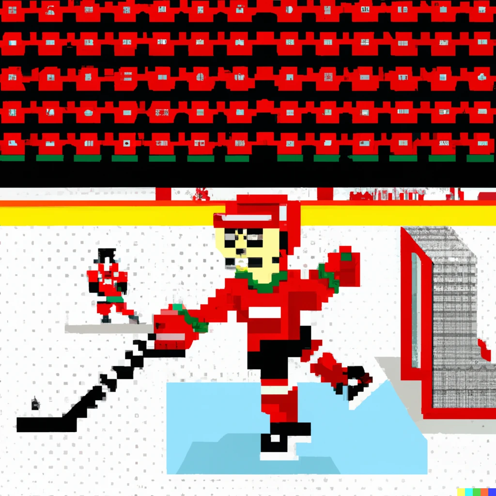 Prompt: Happy NC state hockey player shooting on a goal in a red rink full of fans in the style of pixel art