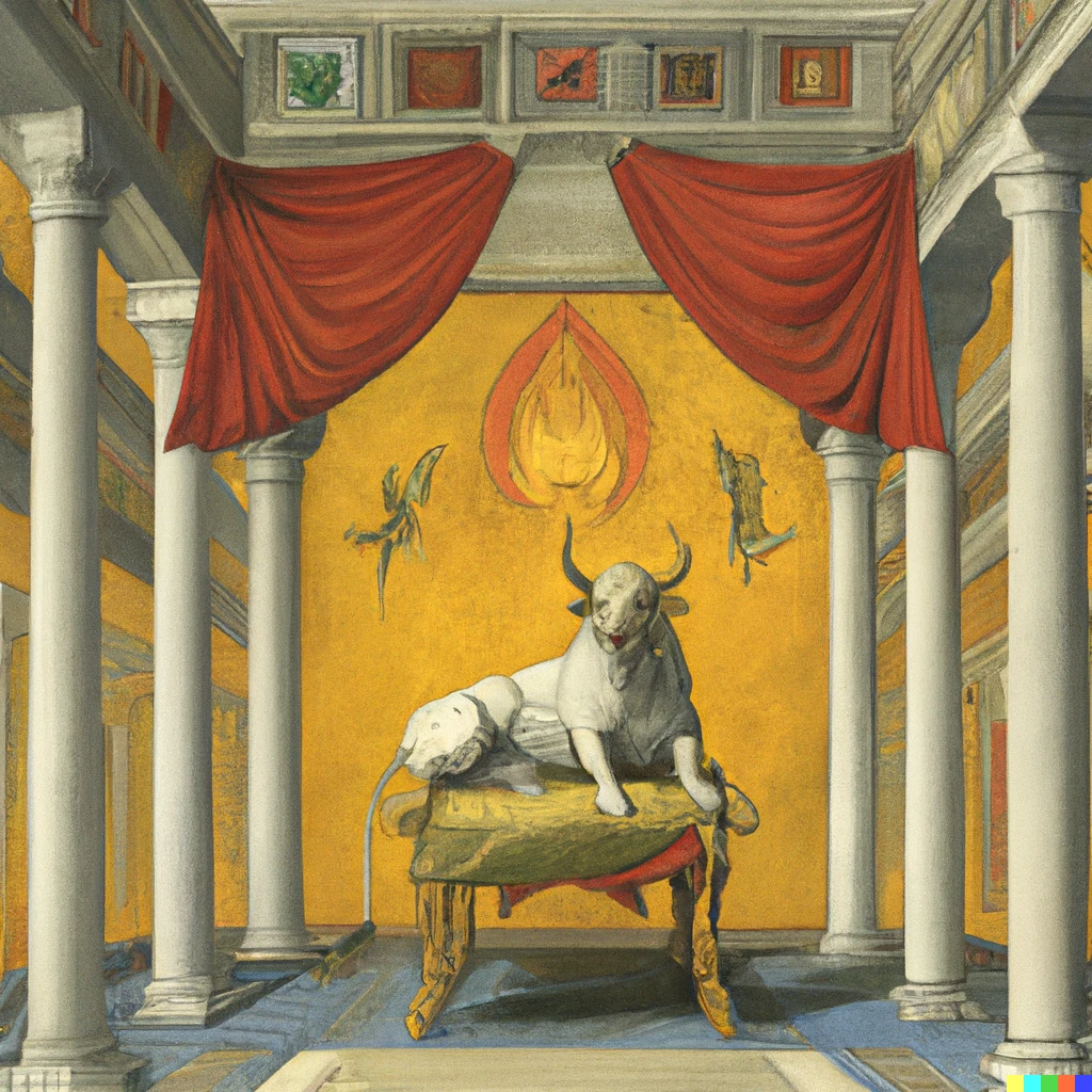 Prompt: C. G. Jung painting of a Minotaur seated upon The Throne of the Third Heaven of the Nations' Millennium General Assembly