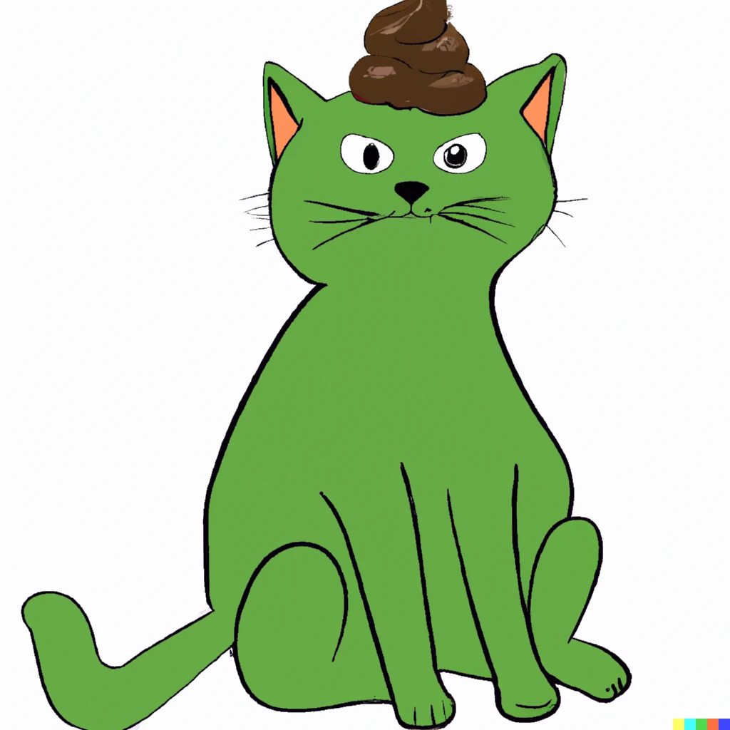 Prompt: A green cat with a poo on its head.