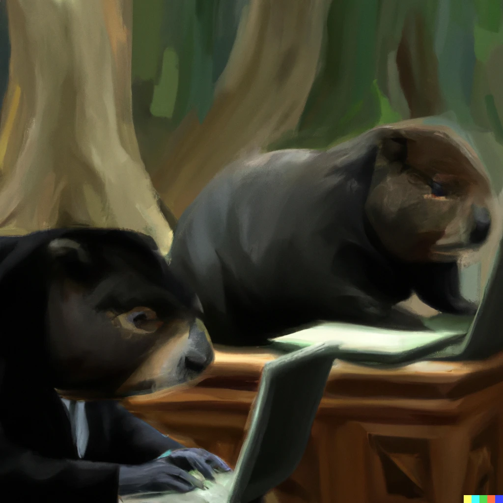 Prompt: An oilpainting of an Otter pairprogramming with a Capybara on a laptop in a corporate office while wearing black suits.