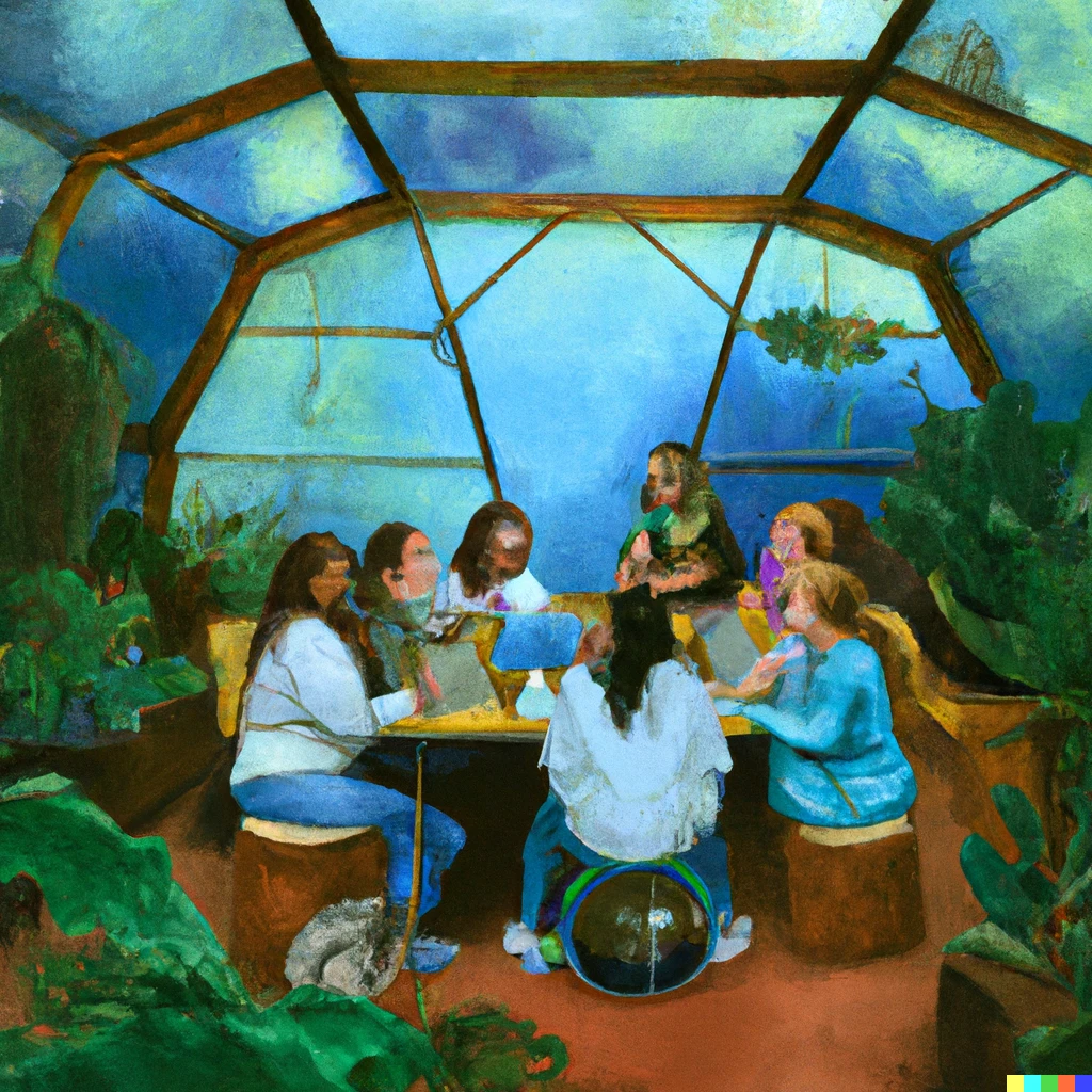 Prompt: An oilpainting of seven developers working on their laptops inside a terrarium.