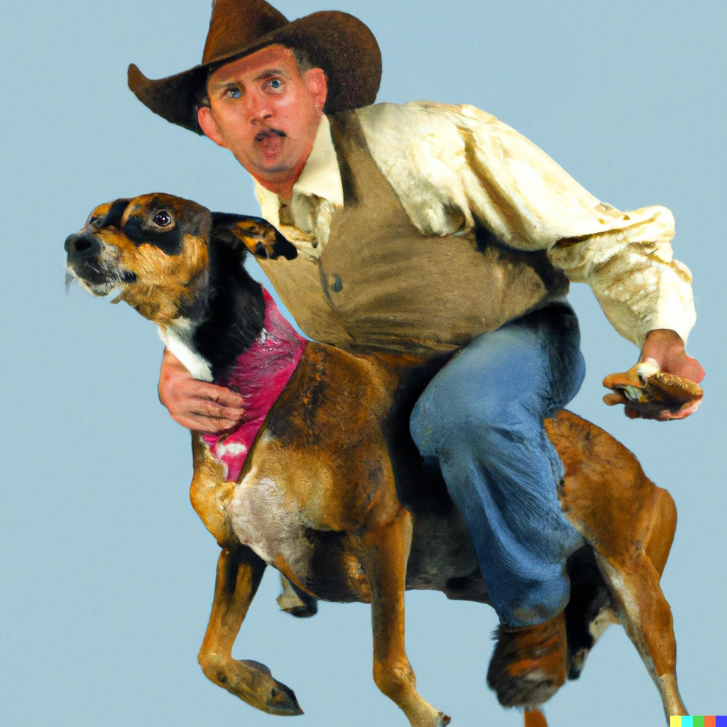 Prompt: A cowboy riding on a running dog eating a treat.