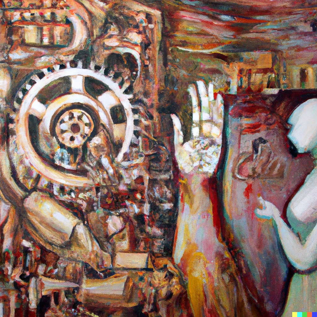 Prompt: An oilpainting of the destruction of human society by the hands of artificial intelligence .