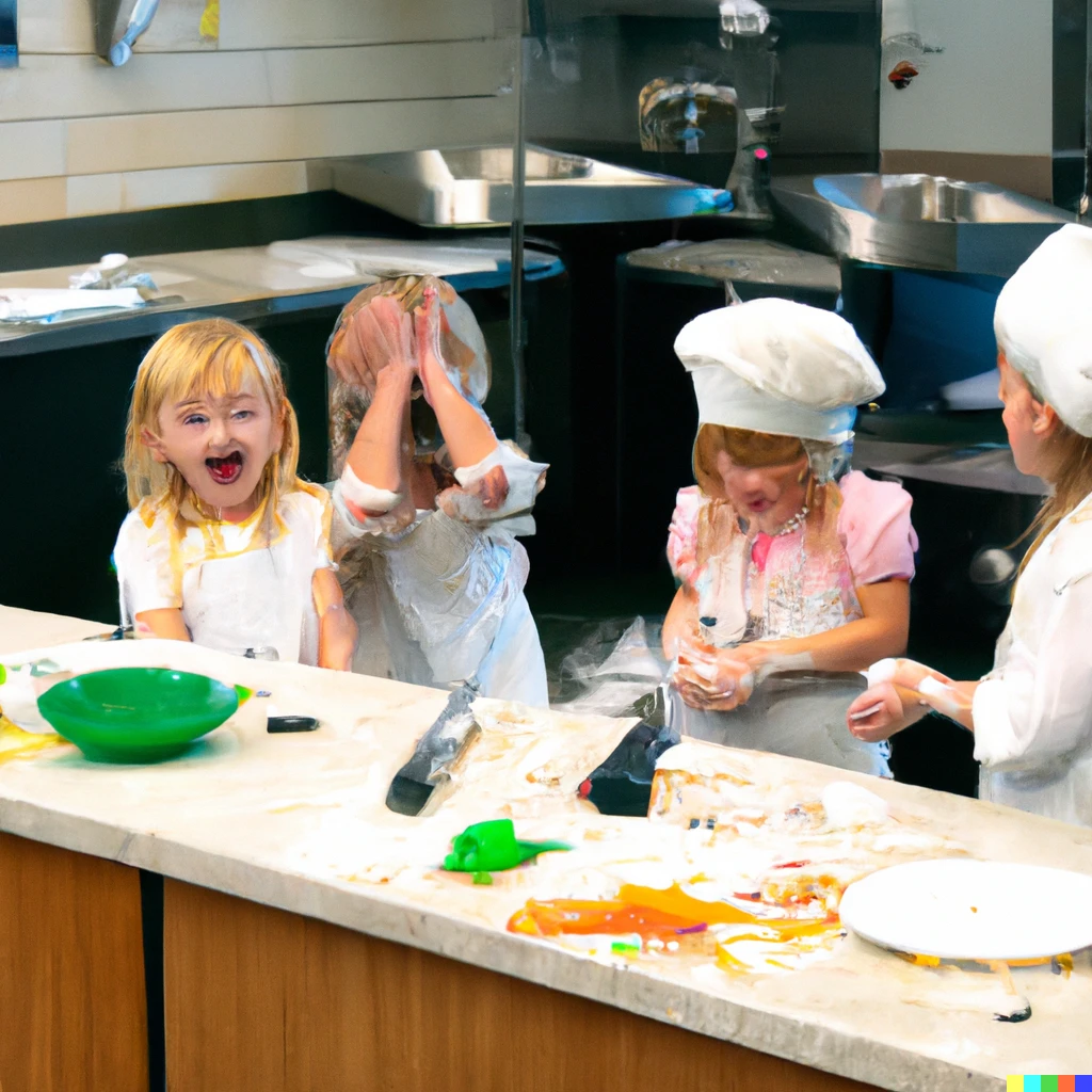 Prompt: A photo of kids making a mess in the kitchen of a professional restaurant.