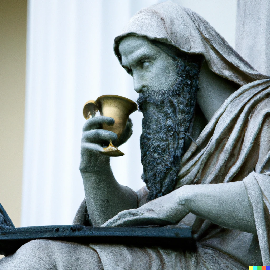 Prompt: A statue of a computer programmer dressed as Socrates drinking from a chalice while programming on a laptop.