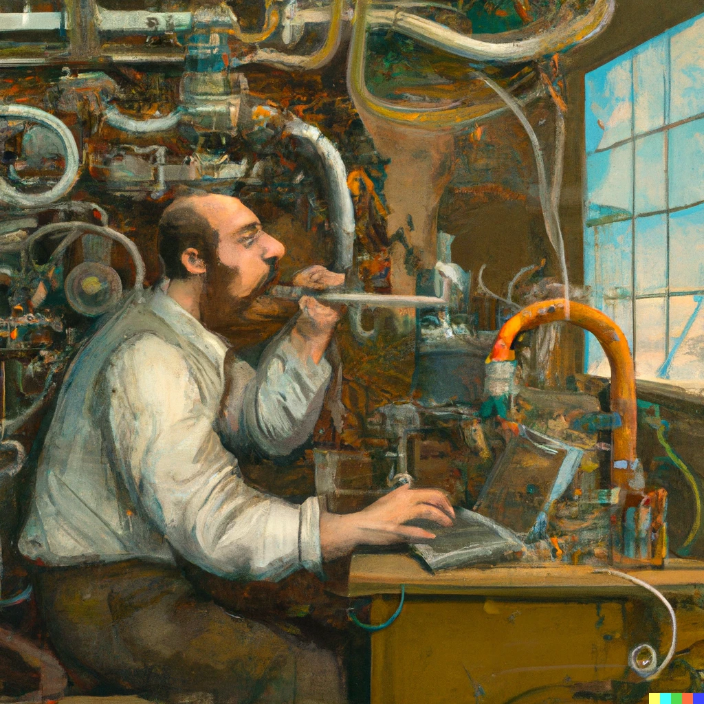 Prompt: An oil painting of a developer writing software in front of a huge monitor while drinking from a tube connected to a steampunk machine.