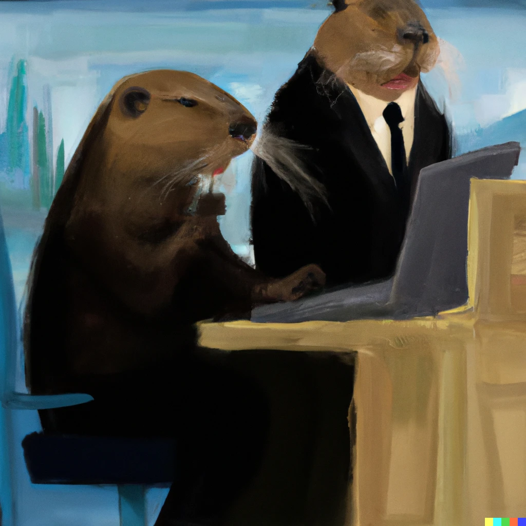 Prompt: An oilpainting of an Otter wearing a black suit pairprogramming with a Capybara with a blue shirt on a laptop in a corporate office.