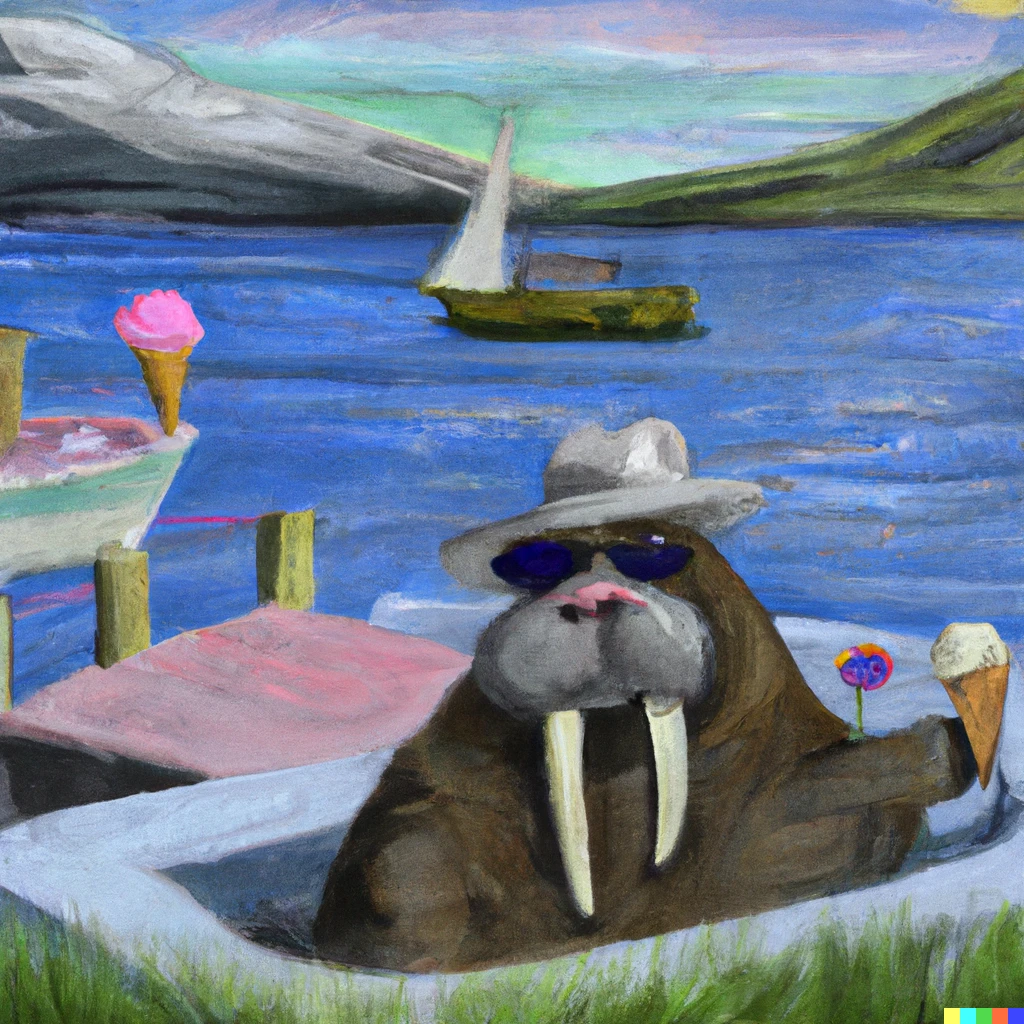 Prompt: An oilpainting of a walrus chilling on a sunken boat in a fjord eating icecream with a sunhat and sunglasses.