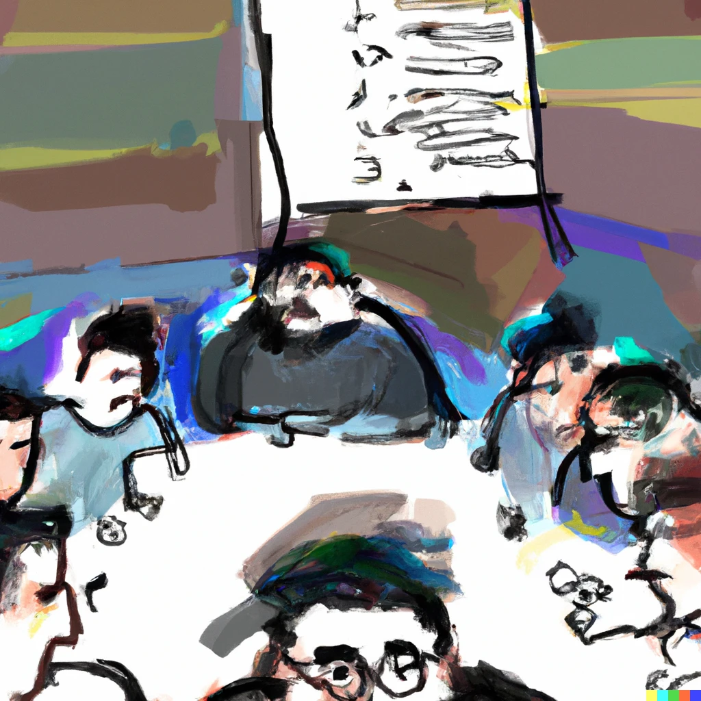 Prompt: An abstract painting of seven software developers in a meeting room looking at the project manager trying to close the sprint, but it take ages because some task has a dependency no-one understands.