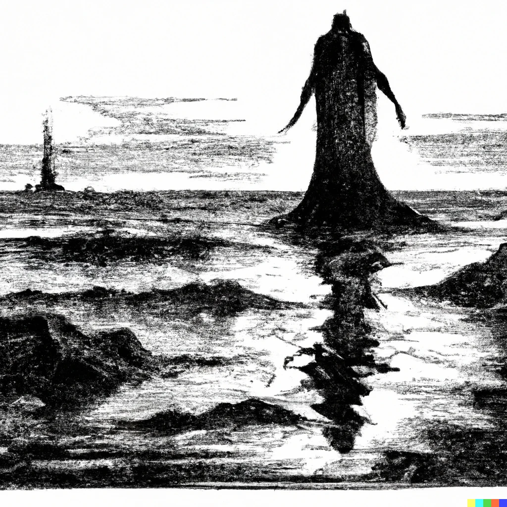 Prompt: A black ink gustave dore etching of a silhouetted figure emerging from the water, at the beach, famous