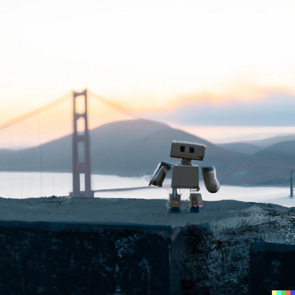 Prompt: A robot standing on the Golden Gate Bridge watching a sunset 