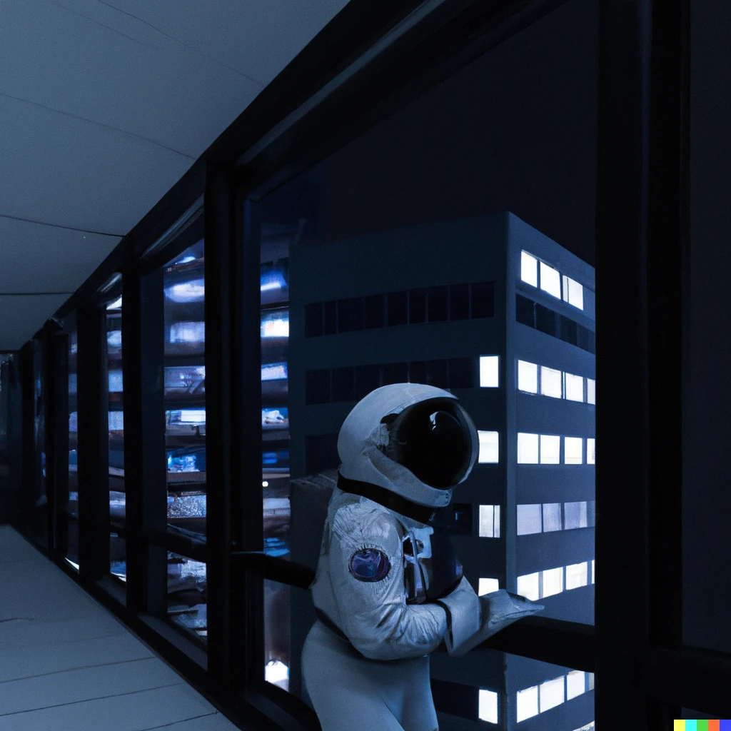 Prompt: A lonely astronaut looking out of a office building at night 
