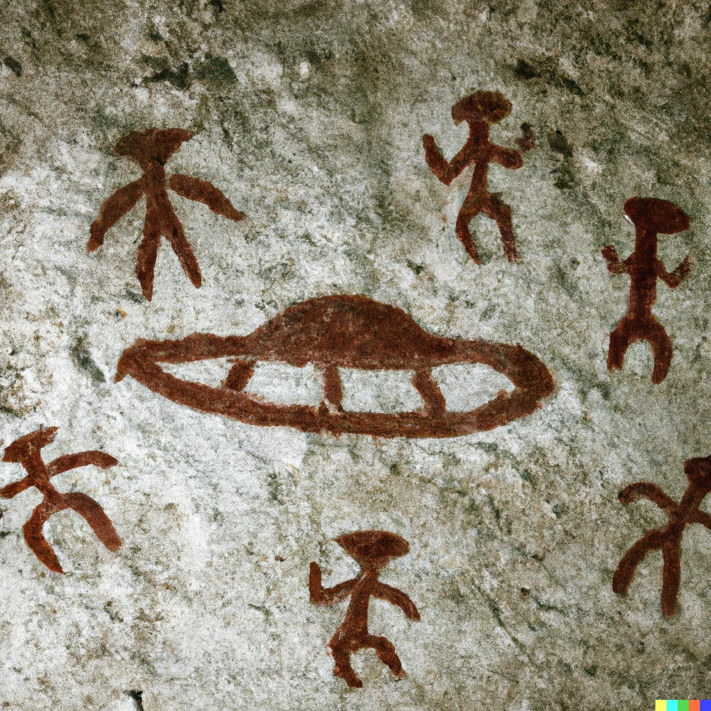 cave painting on a cavewall depicting a UFO invasion, DALL·E 2 OpenArt
