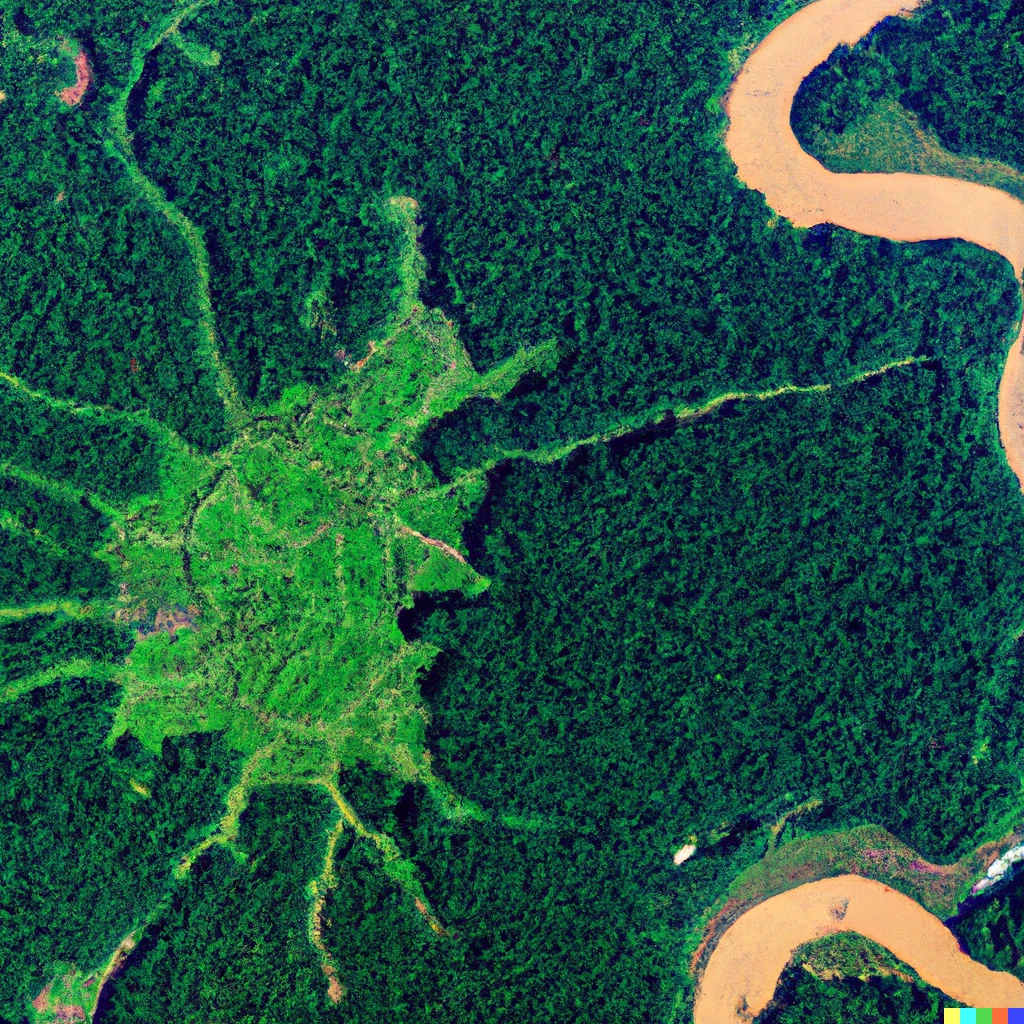 Prompt: A satellite image showing Amazon rainforest after deforestation 