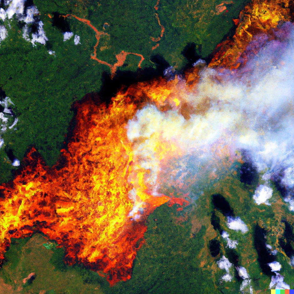 Prompt: A satellite image showing Amazon rainforest under fire