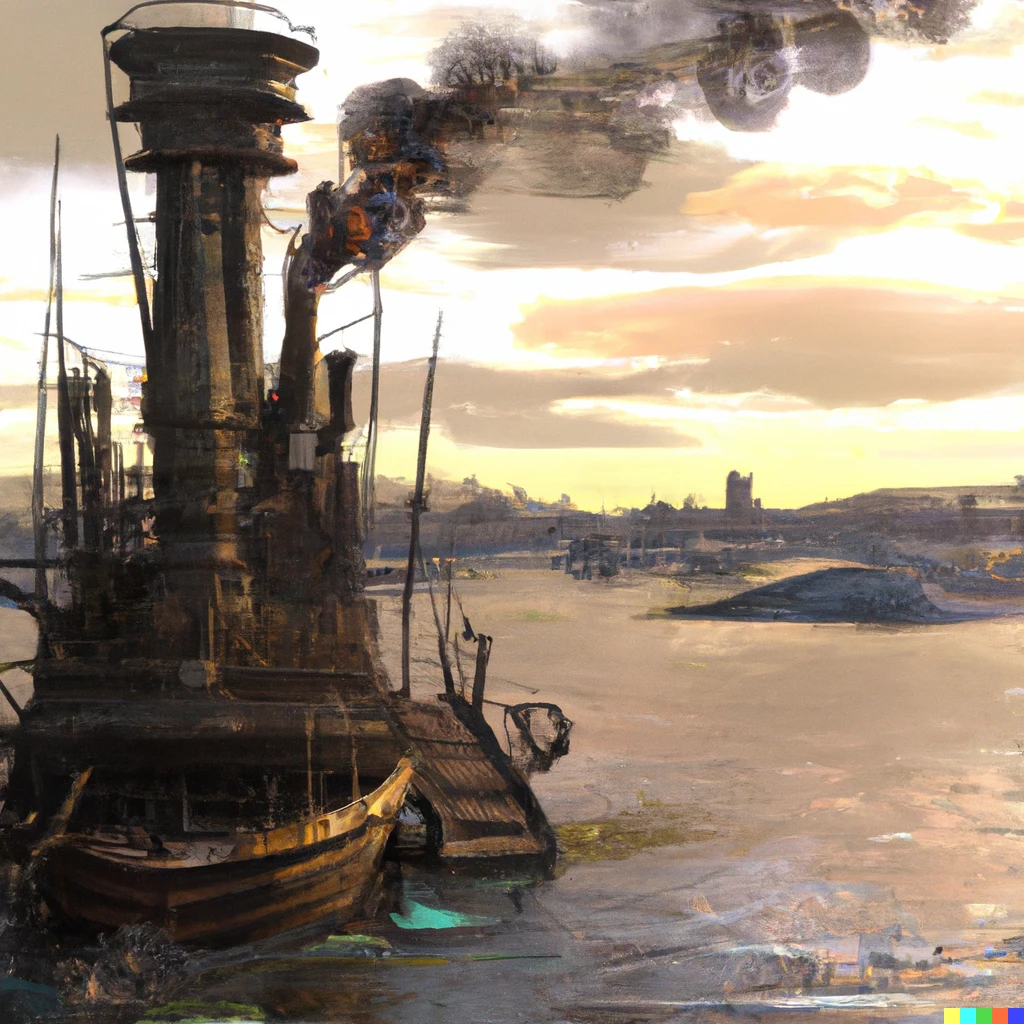 Prompt: A steampunk styled boat leaving harbour, digital art