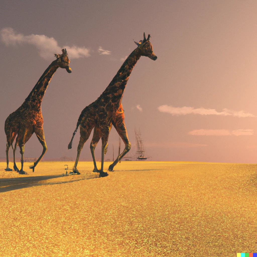 Prompt: 3D render of two giraffes in the desert walking off into the sunset.