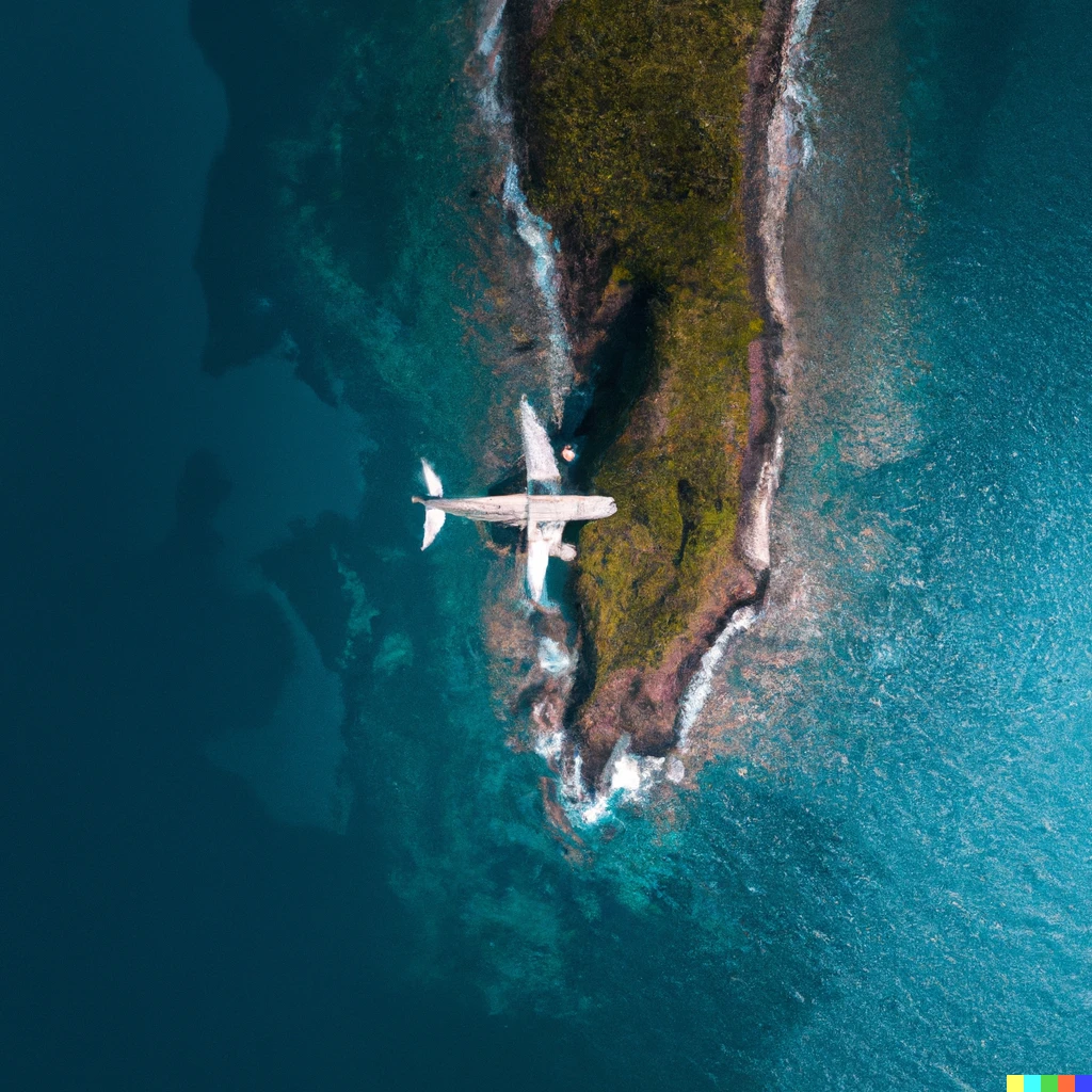 Prompt: A photo of a lone island in the middle of an ocean with a crashed airplane on it.
