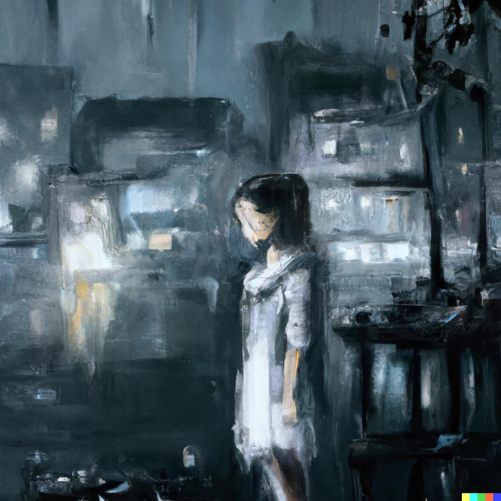 Prompt: Oil painting of a scared girl alone in an abandoned city on a rainy night
