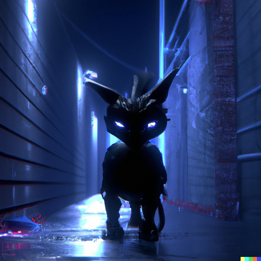 Prompt: A 3D render of a futuristic cat in a dark alley.