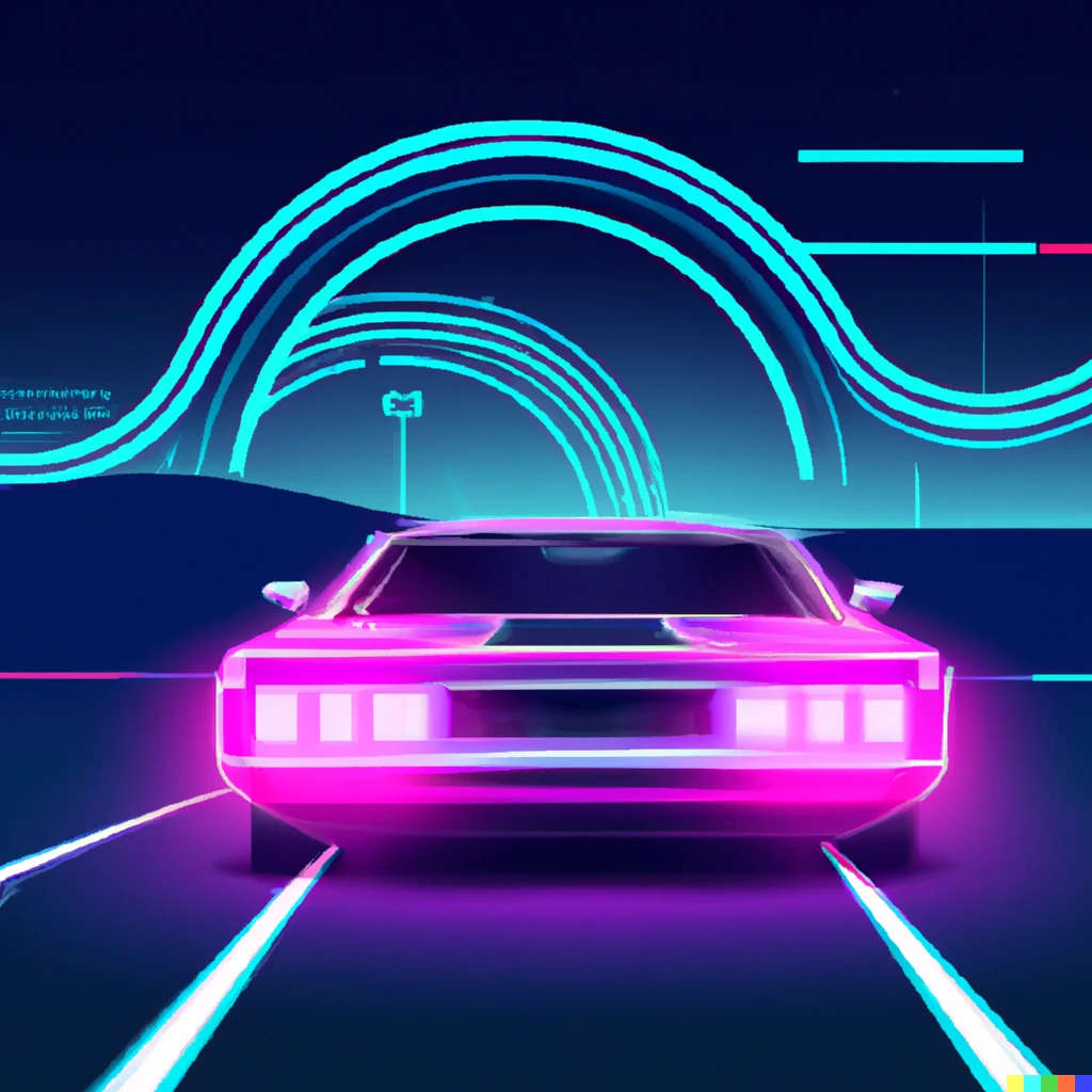 Prompt: Synthwave muscle car driving on an neon futuristic highway