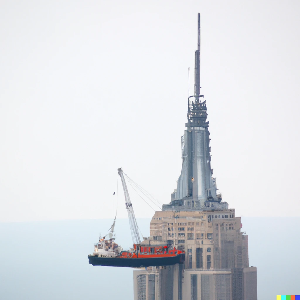 Prompt: A boat stuck on top of Empire state building 