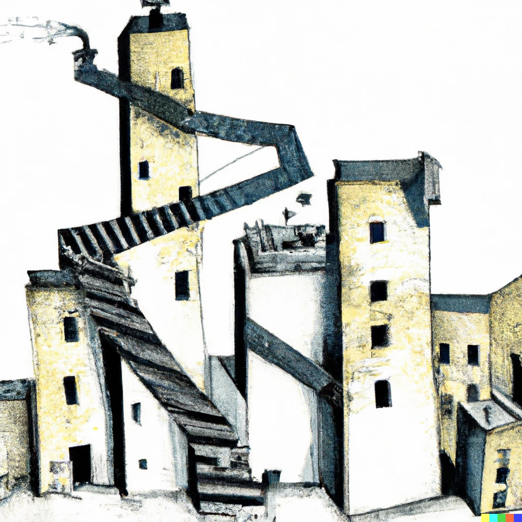 Prompt: several stairs and buildings in an escherian style
