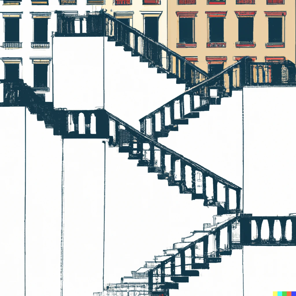 Prompt: several stairs and buildings in an escherian style