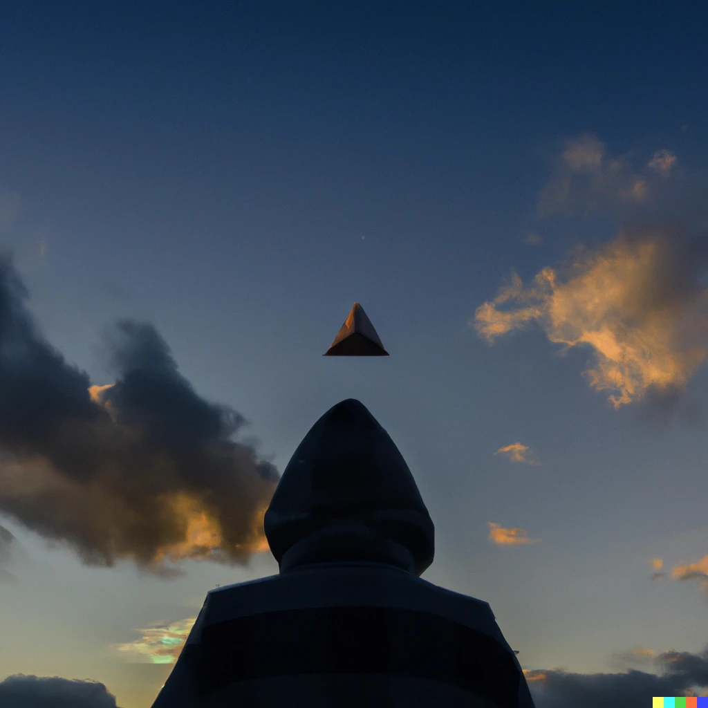 Prompt: A photo of a tiny hooded figure seen from the back, looking up at a massive crystal impossible triangle floating in the sky at a rich sunset with sparse clouds, sigma 19mm f/8