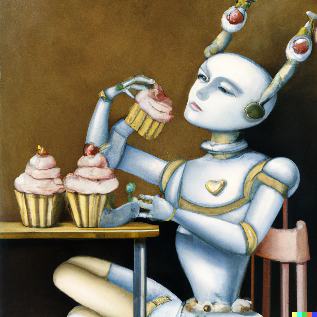 Prompt: a surrealist dream-like oil painting by Salvador Dalí of a robot woman making cupcakes 