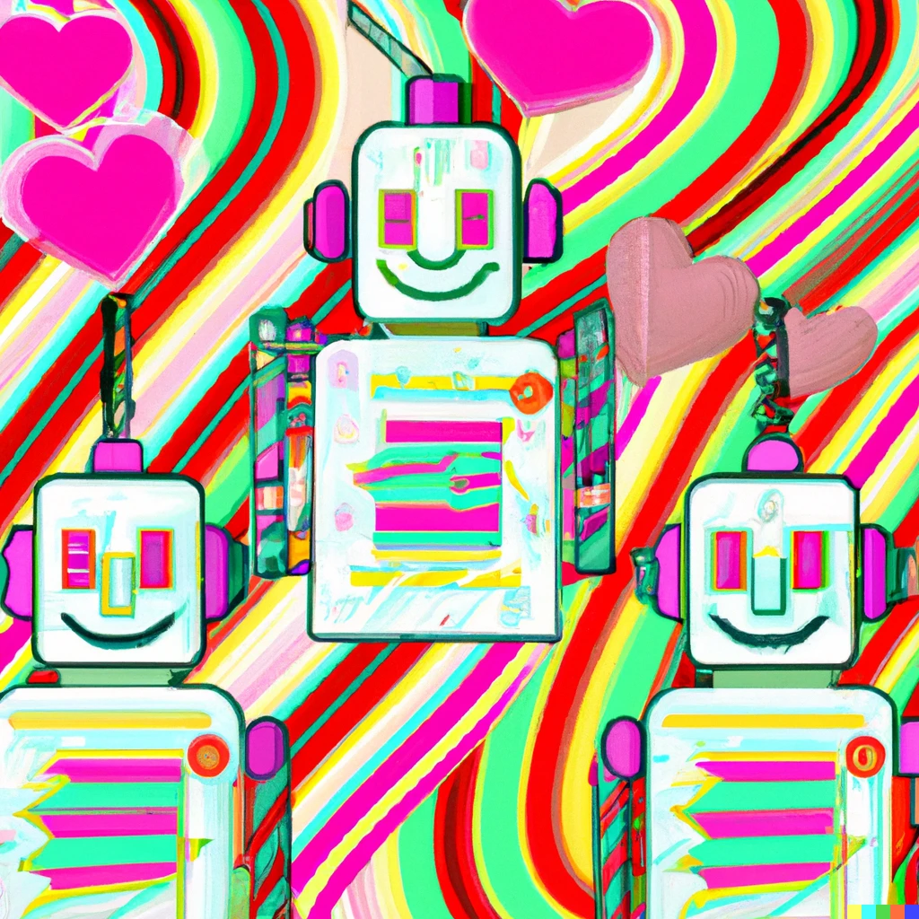 Prompt: Frequency vibes 1960’s lightening stripes robot hearts with candy swirls