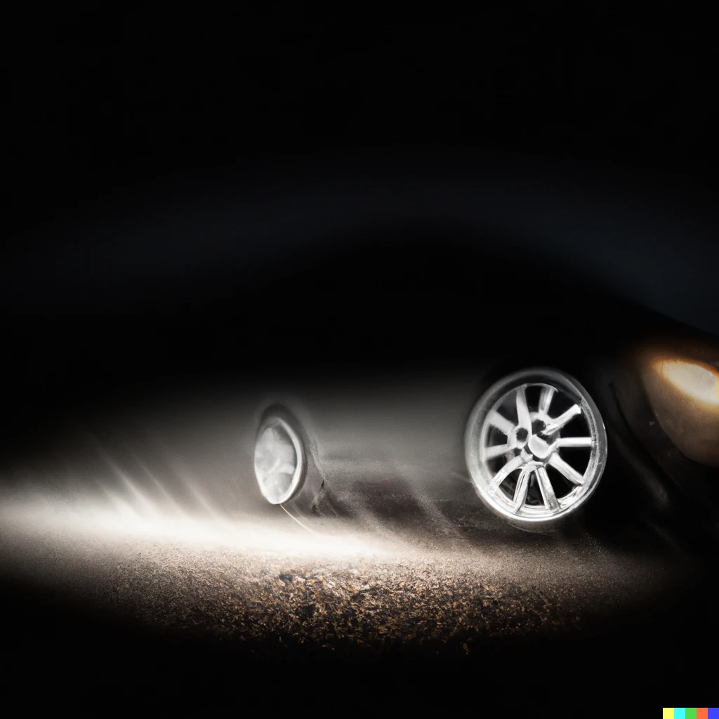 Prompt: In the dark, a small car runs through while squeaking tires on the asphalt