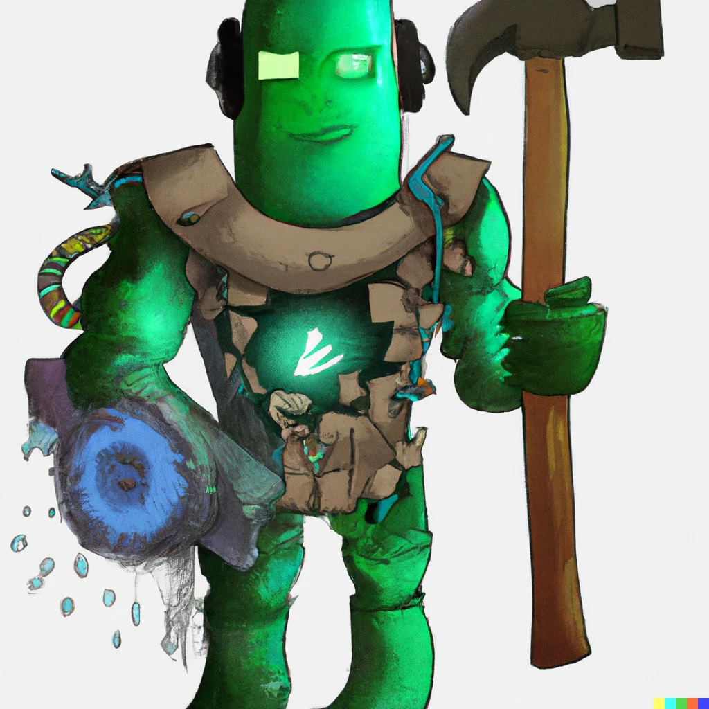 Prompt: A green robot with an ax with a lot of plumbing in the first eye