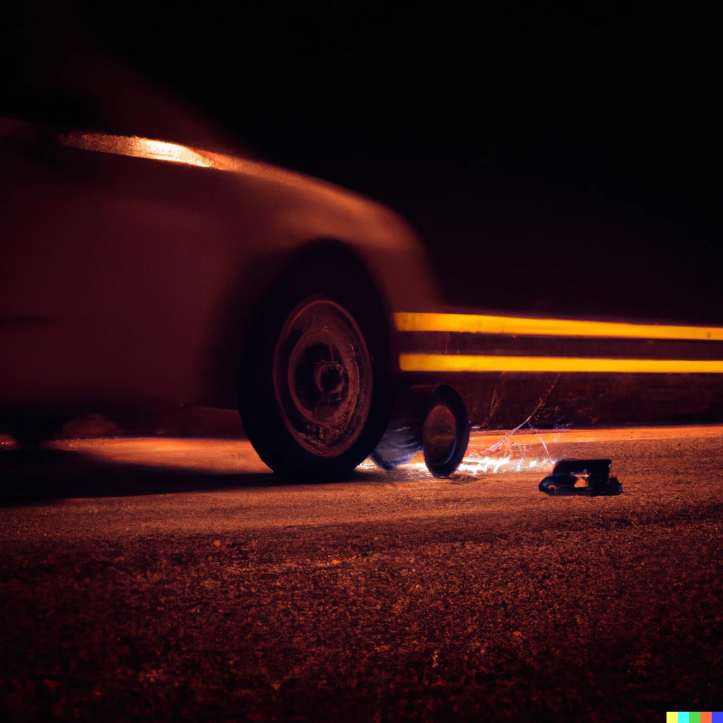 Prompt: In the dark, a small car runs through while cutting tires on the asphalt