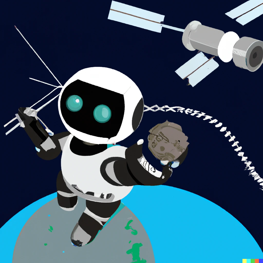 Prompt: A humanoid robot that pushes back meteorites in satellite orbit