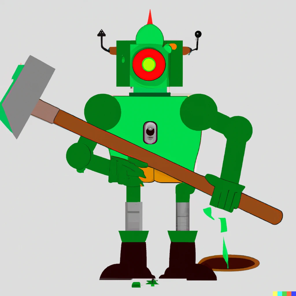 Prompt: A green robot with a battle ax with a lot of plumbing in the monoeye