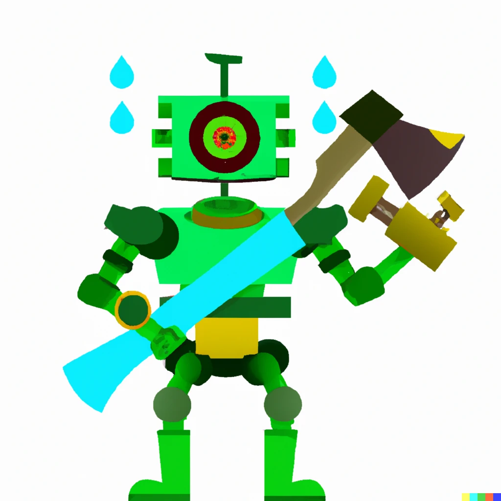 Prompt: A green robot with a battle ax with a lot of plumbing in the monoeye