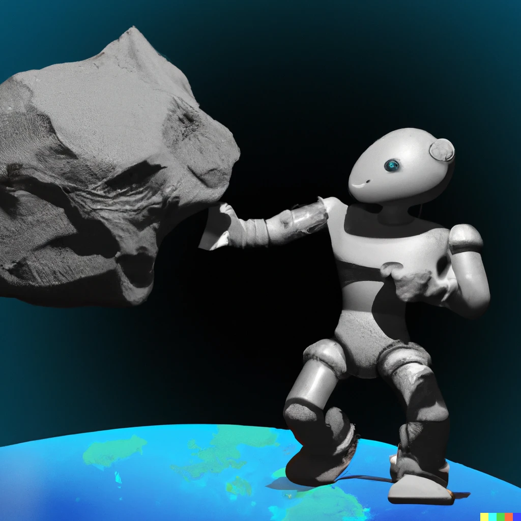 Prompt: A humanoid robot that pushes back an asteroid in orbit