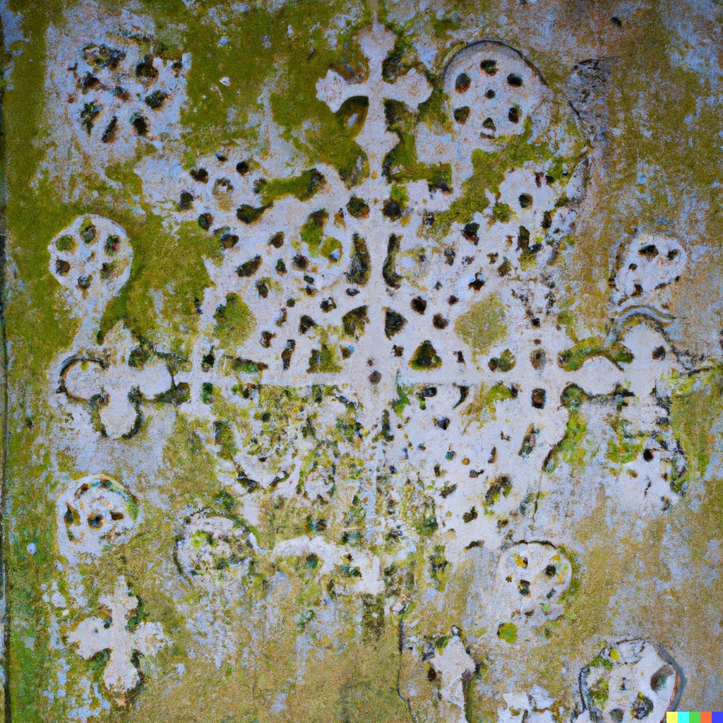 Prompt: Mandelbrot set engraving in an old wall inside the ruins of a parish located in southeastern Ireland