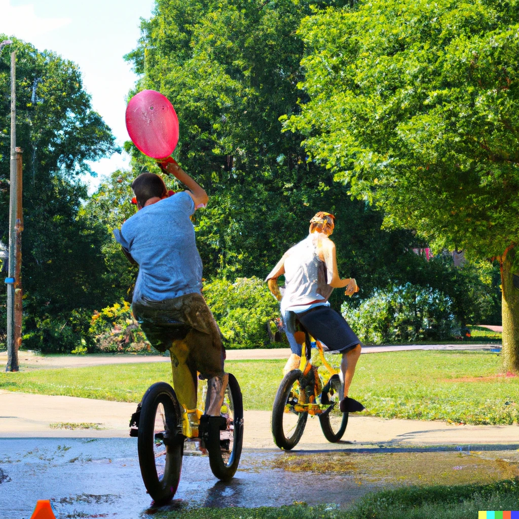 Prompt: An intense water balloon fight on u unicycles 