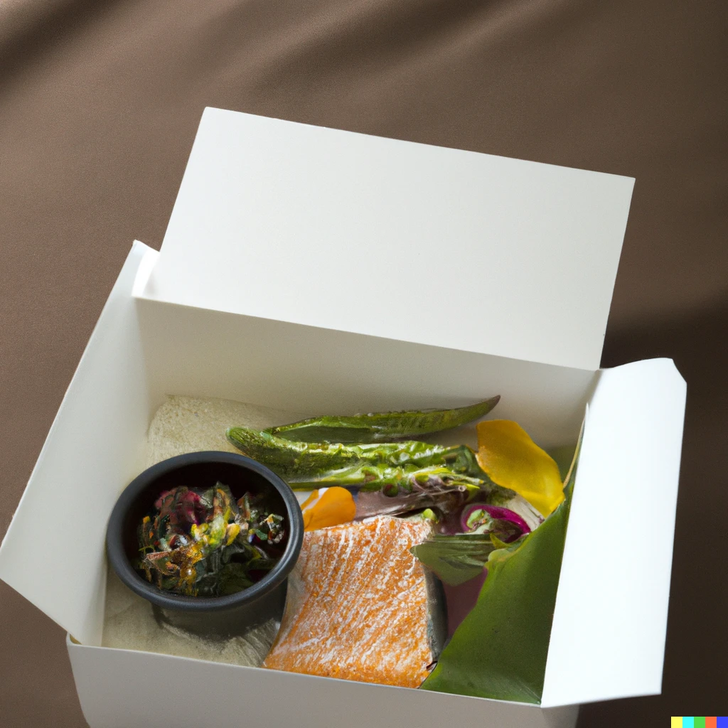 Prompt: Gourmet meal served in a tissue box
