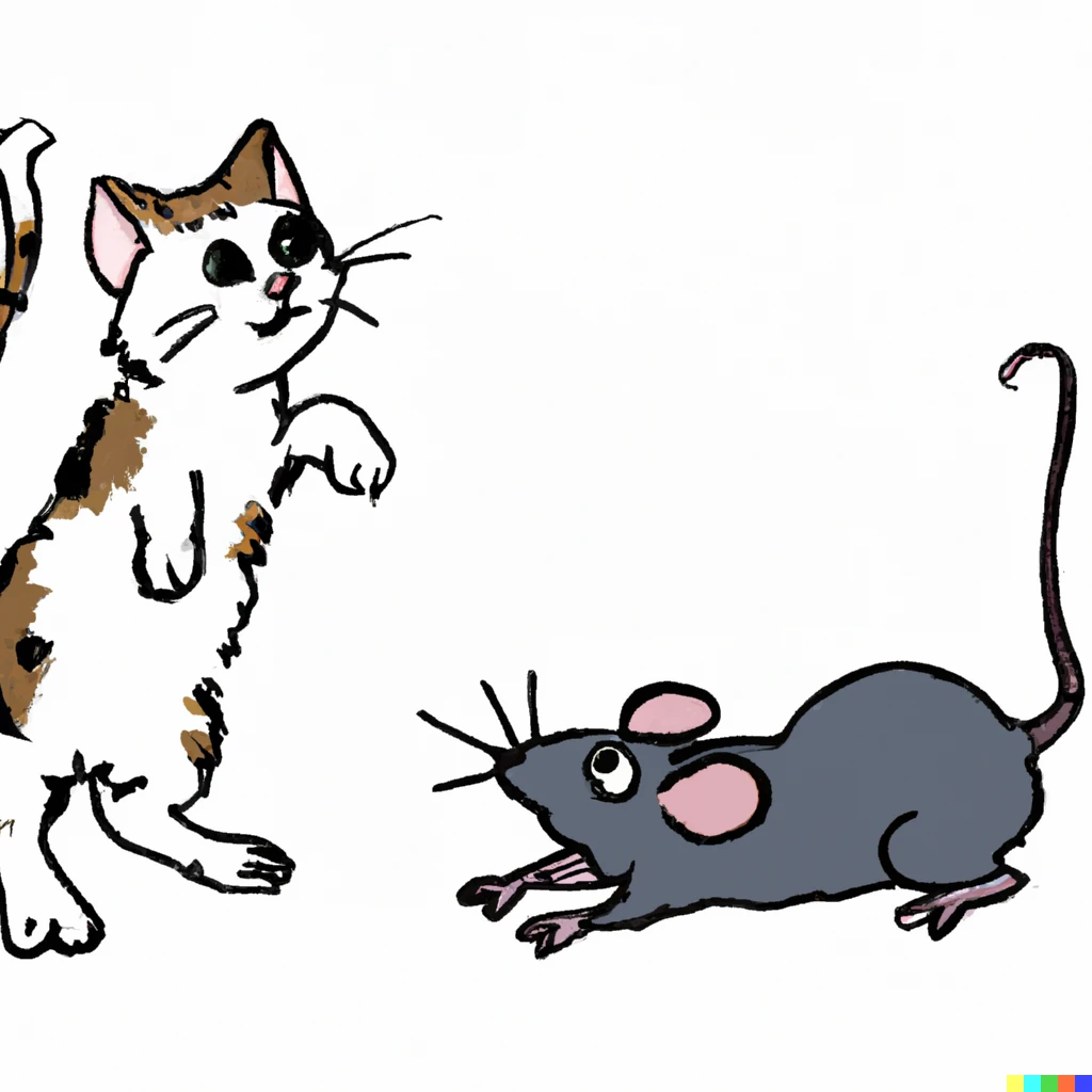 Prompt: A funny image of a mouse trying to catch a cat