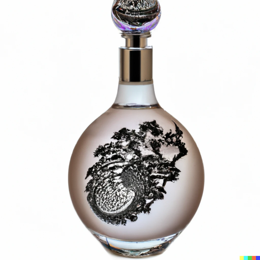 Prompt: A glass perfume bottle in the shape of the Mandelbrot set