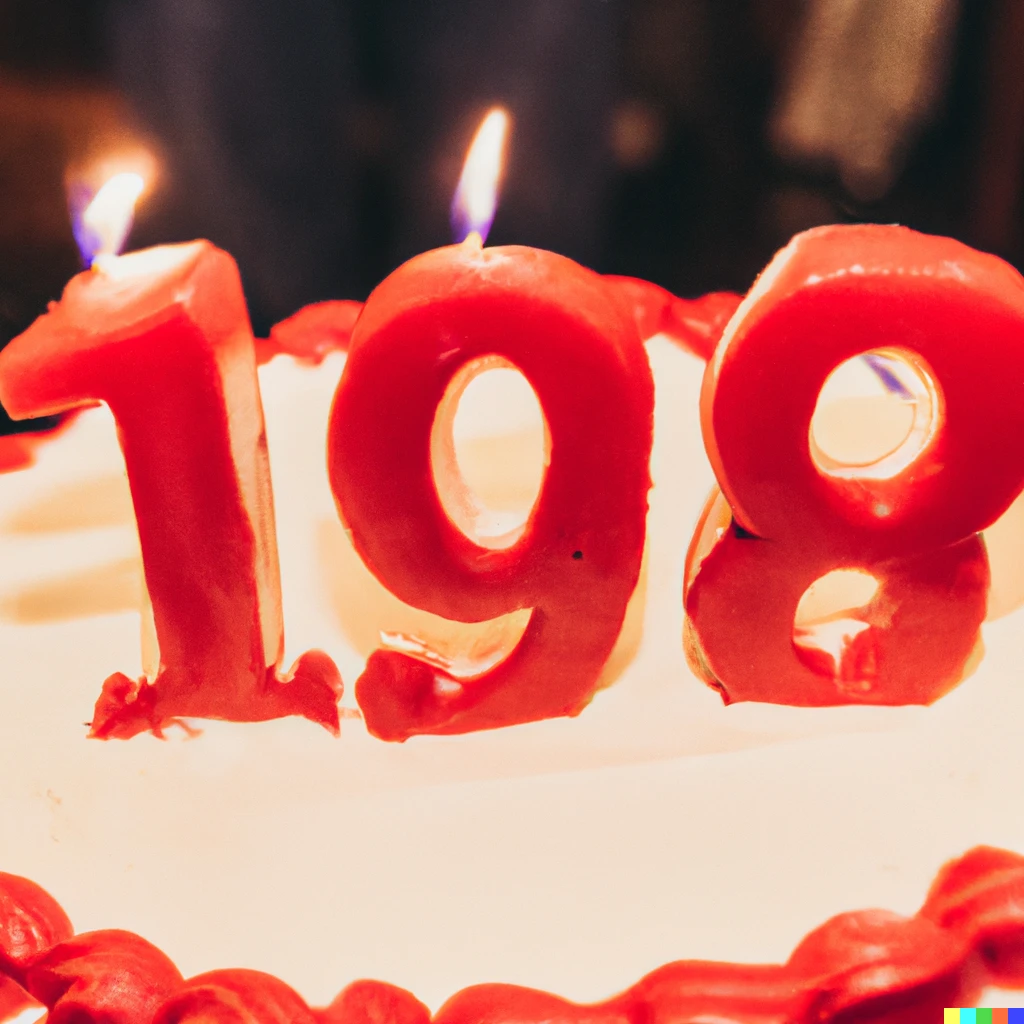 Prompt: Birthday cake with the number 1984 spelled out with candles