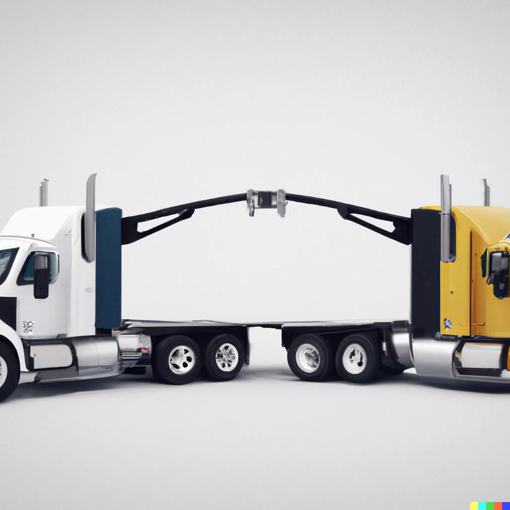 Prompt: Two trucks holding hands