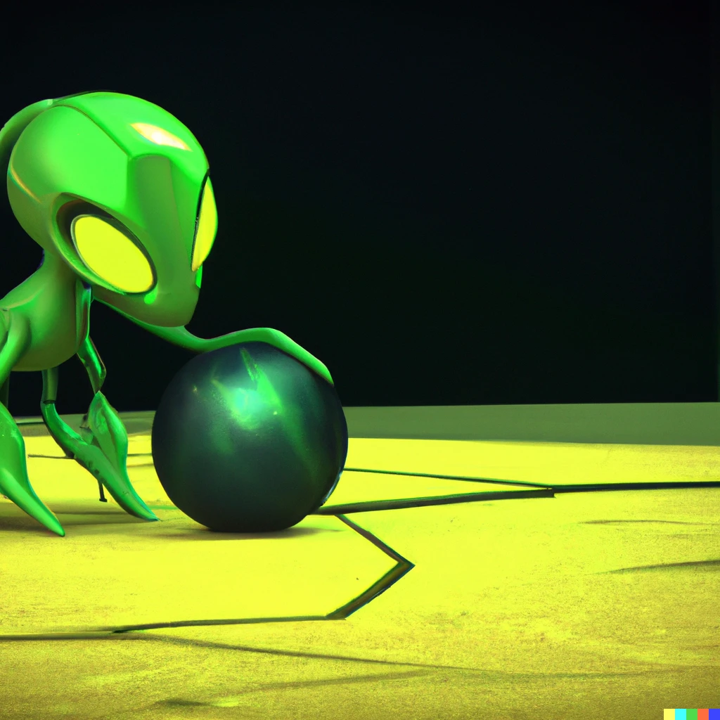 Prompt: A small green alien rolling around a giant ball that picks up anything it touches, video game screenshot